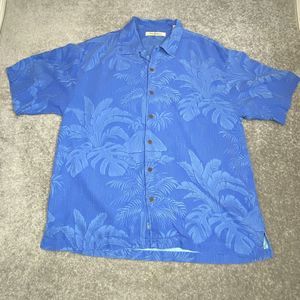 Tommy Bahama Silk Hawaiian Shirt Mens Extra Large Blue Island Palm Print Tiki